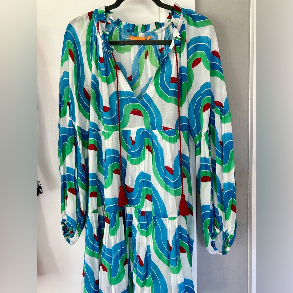 Oliphant Noveau Dress with Retro Swirl Pattern and Balloon Sleeves- Small - Picture 3 of 9